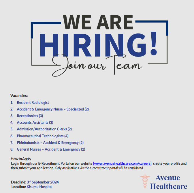 AvenueHospital's tweet image. We are recruiting for various positions to join our Kisumu Hospital.
zurl.co/skuQ for the full job description and how to apply.

hashtag#IkoKaziKE
hashtag#JobOpportunity