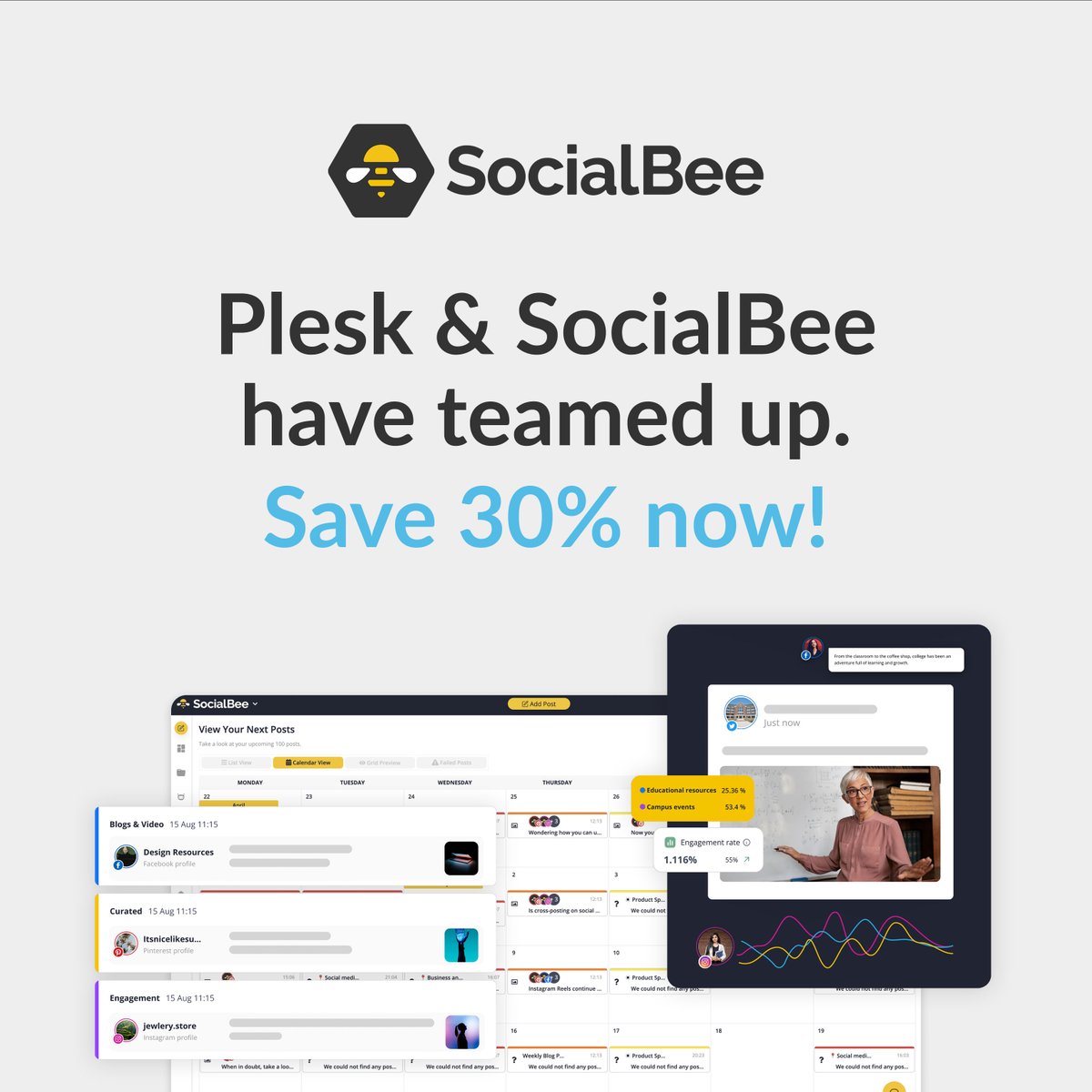 Plesk's tweet image. Effortlessly manage social media with @SocialBeeHQ, now teamed up with Plesk! Create, schedule, publish &amp;amp; analyze posts. Get a 14-day free trial &amp;amp; 30% off for 3 months!

👉 app.socialbee.com/partner/plesk

#WebPros #Plesk #SocialMediaManagement #SocialBee