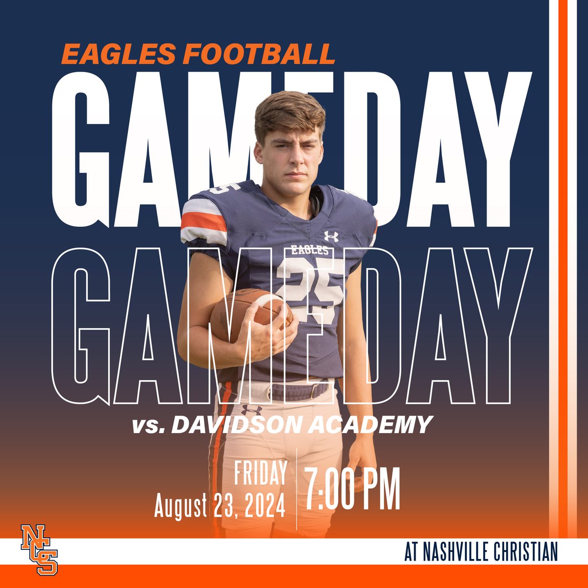 Friday Night Lights - Starts TONIGHT! 
Your NCS Eagles face Davidson Academy at HOME tonight! Enjoy the tailgate, and then head into the game. Kickoff is at 7:00! 
Tickets: gofan.co/app/school/TN8…
Reserved Seats: …hvillechristianschool.ticketspice.com/football-stadi…