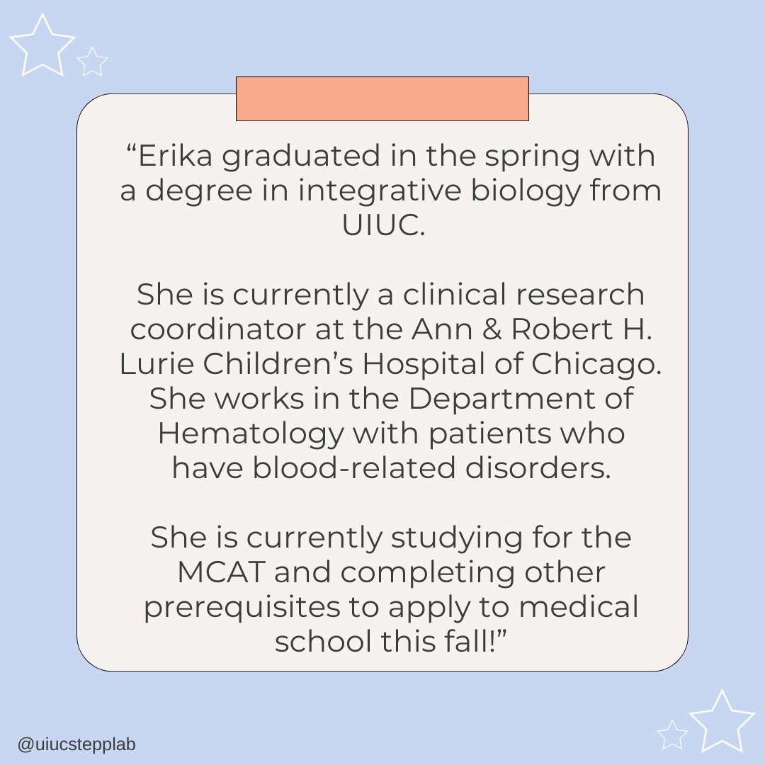 STEPP Lab (@labstepp) on Twitter photo Our RA Erika graduated this past spring and is working as a clinical research coordinator in the hematology department at Lurie Children's Hospital in Chicago. Congrats Erika and good luck as you apply to medical school!😊 Our RA Erika graduated this past spring and is working as a clinical research coordinator in the hematology department at Lurie Children's Hospital in Chicago. Congrats Erika and good luck as you apply to medical school!😊