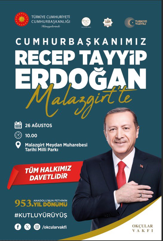 Anadolu’nun fethinin 953. Yıl dönümünde Cumhurbaşkanımız Sayın <a href="/RTErdogan/">Recep Tayyip Erdoğan</a> ‘ın teşrifleri ile büyük bir coşkuyla kutlayacağımız Malazgirt Zaferi kutlamalarına tüm halkımız davetlidir.

🗓️ 26 Ağustos 2024
🕰️ 10:00
📍 Malazgirt Meydan Muharebesi Tarihi Milli Parkı

#KutluYürüyüş