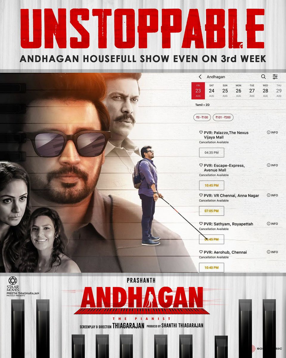 Thiagarajan (@actorthiagaraja) on Twitter photo UNSTOPPABLE Housefull Show Even on 3rd Week 🕶️
#andhaganthepianist
<a href="/actorthiagaraja/">Thiagarajan</a> <a href="/actorprashanth/">Prashanth</a> <a href="/SimranbaggaOffc/">Simran</a> <a href="/PriyaAnand/">Priya Anand</a> <a href="/thondankani/">P.samuthirakani</a> <a href="/iYogiBabu/">Yogi Babu</a> #Andhagan <a href="/sidsriram/">Sid Sriram</a> <a href="/Music_Santhosh/">Santhosh Narayanan</a> <a href="/Lyricist_Vivek/">Vivek</a> #RaviYadhav <a href="/vanithavijayku1/">Vanitha</a> <a href="/ksravikumardir/">K.S.Ravikumar</a> <a href="/BesantRavi/">Besant Ravi</a> <a href="/kala_master/">Kala Master</a> UNSTOPPABLE Housefull Show Even on 3rd Week 🕶️
#andhaganthepianist
<a href="/actorthiagaraja/">Thiagarajan</a> <a href="/actorprashanth/">Prashanth</a> <a href="/SimranbaggaOffc/">Simran</a> <a href="/PriyaAnand/">Priya Anand</a> <a href="/thondankani/">P.samuthirakani</a> <a href="/iYogiBabu/">Yogi Babu</a> #Andhagan <a href="/sidsriram/">Sid Sriram</a> <a href="/Music_Santhosh/">Santhosh Narayanan</a> <a href="/Lyricist_Vivek/">Vivek</a> #RaviYadhav <a href="/vanithavijayku1/">Vanitha</a> <a href="/ksravikumardir/">K.S.Ravikumar</a> <a href="/BesantRavi/">Besant Ravi</a> <a href="/kala_master/">Kala Master</a>