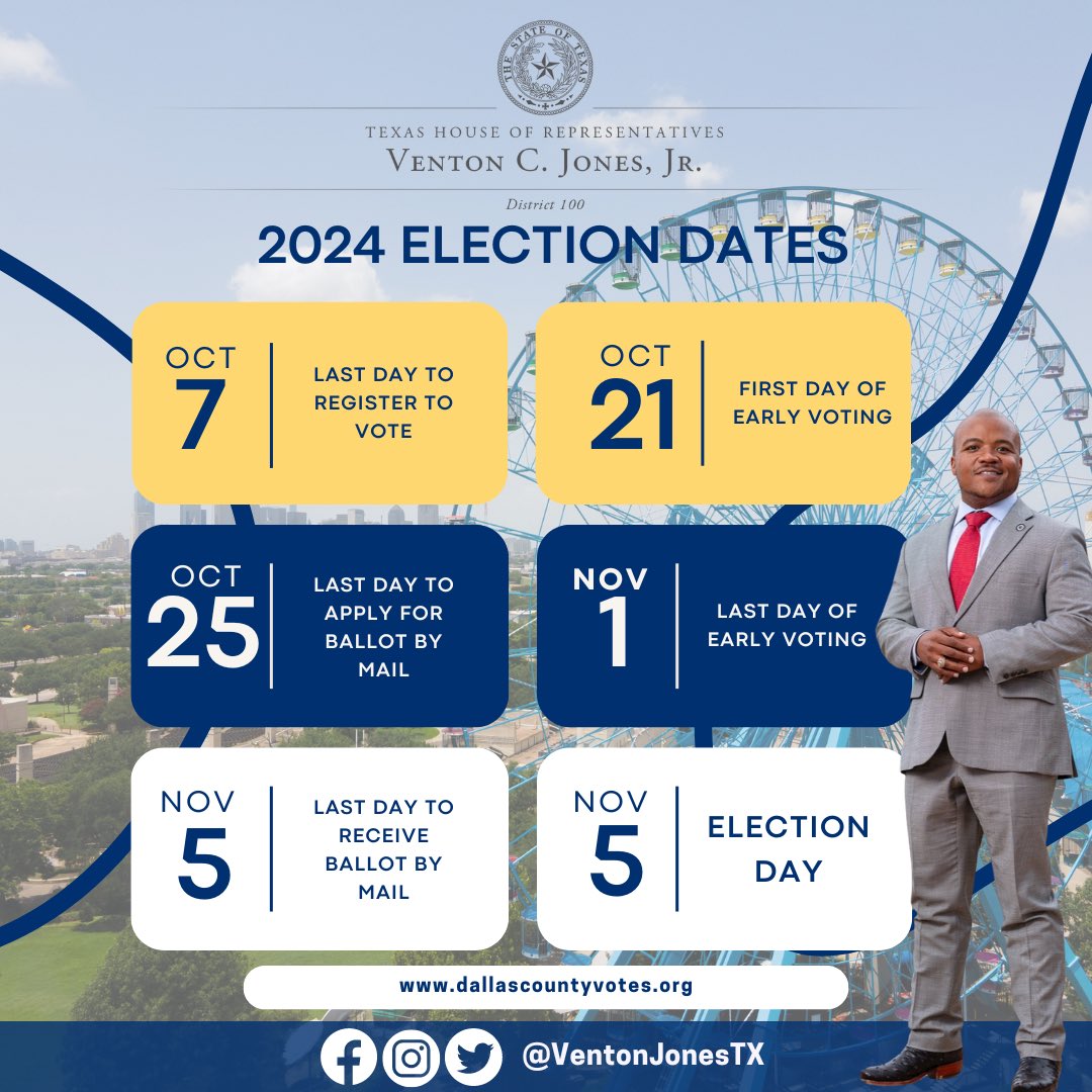VentonJonesTX's tweet photo. The 2024 election is going to be the most important election of our lifetime. Our democracy, our healthcare, our schools, our environment, and our rights are at stake. It is vital that you make your voice heard this November and go out and vote!

Today, we are officially 45 days away from the Voter Registration Deadline of October 7th, 2024. If you are not registered to vote or are unsure of your voter registration status, you can check your voter registration status through the following link:
https://t.co/qACksBuTJa and you can request an application to register to vote here: https://t.co/hrNENxY5rk

#txlege #HD100 #HD100Votes #DallasCountyVotes