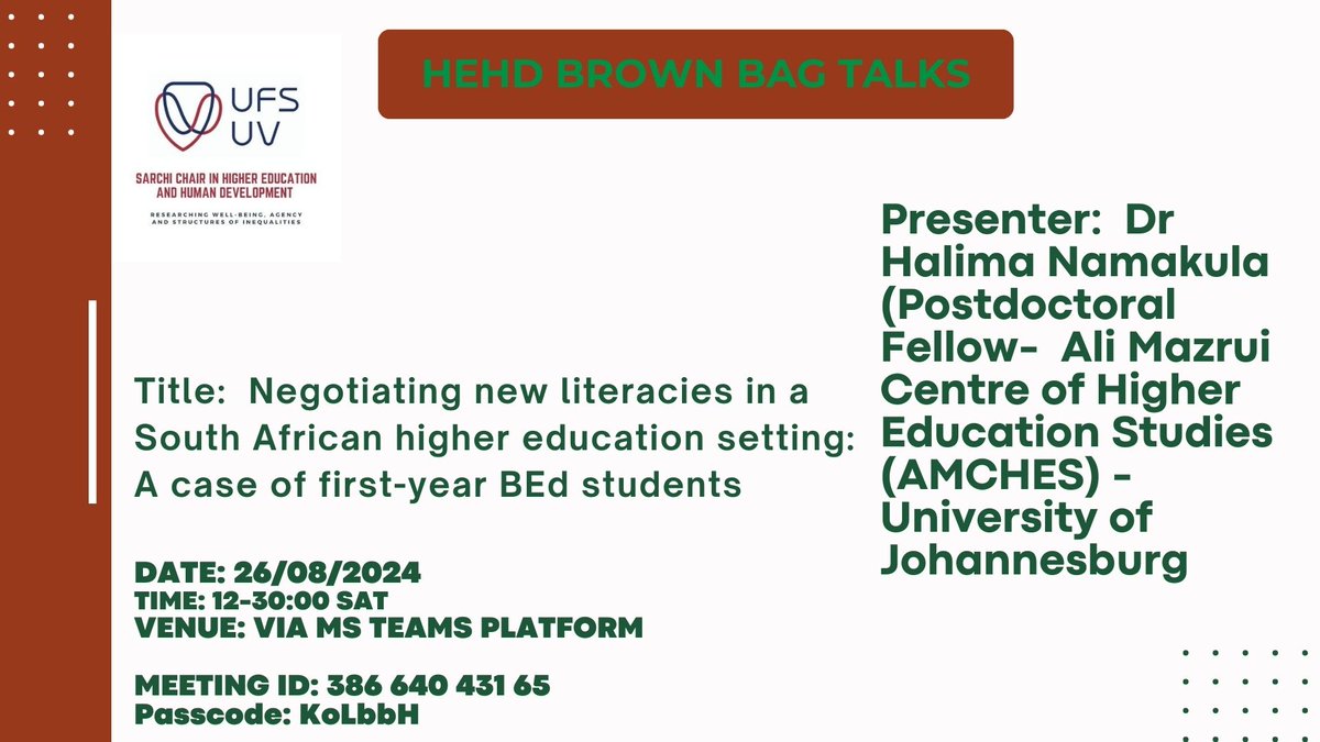 Higher Education & Human Development Research_ SA (@hehd_sa) on Twitter photo Our next BBT presenter <a href="/HEHD_SA/">Higher Education & Human Development Research_ SA</a> on Monday 26th August, 2024 is Dr Halima Namakula from <a href="/go2uj/">University of Johannesburg</a> Ali Mazrui Centre of Higher Education Studies (AMCHES).
For more details see below👇 Our next BBT presenter <a href="/HEHD_SA/">Higher Education & Human Development Research_ SA</a> on Monday 26th August, 2024 is Dr Halima Namakula from <a href="/go2uj/">University of Johannesburg</a> Ali Mazrui Centre of Higher Education Studies (AMCHES).
For more details see below👇