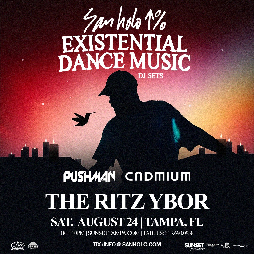 Don't miss #SunsetSaturdays tonight as we close out the Existential Dance Music Tour with <a href="/sanholobeats/">San Holo ↑% ⚠️</a> with support from <a href="/OfficialPushman/">PUSHMAN</a> &amp; <a href="/cadmiumofficial/">CADMIUM</a> Doors open at 10PM. bit.ly/sanholo0824