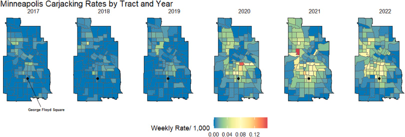 In Minneapolis, we've heard a lot about carjacking since 2020. Our new article shows how it rose and dispersed spatially after the George Floyd murder and ensuing unrest, more so than homicides.
-w/ Allison Lind <a href="/SMarshallMason/">Susan Mason</a> &amp; <a href="/ryanplarson/">Ryan Larson</a> in @socscimed
sciencedirect.com/science/articl…