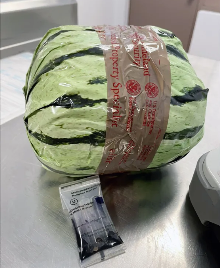 CBP's tweet photo. The watermelon is known for being a refreshing fruit, but...CBP officers seized more than $5M worth of meth disguised and concealed within a shipment of watermelons. Officers uncovered 1,220 packages, weighing over 4,000lbs disguised as watermelons. ➡️https://t.co/rFVZcc5xPB https://t.co/VSXFbp3Cg2