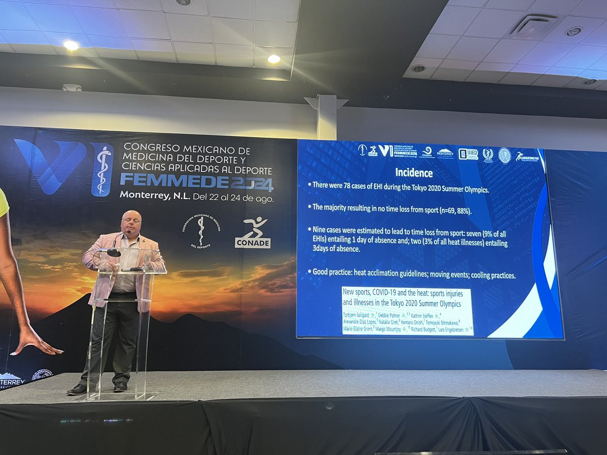 EFSMA_eu's tweet photo. Fantastic lecture and very relevant to the current temperatures but Professor @JBilzon @FimsOrg  
@DMS_MilMed @DMRC_ADMR
@UniofBath @basem_uk  talking about Exertional Heat Stroke at @FemmedeOficial conference in Monterey 🇲🇽 https://t.co/qMJz7Xufl5