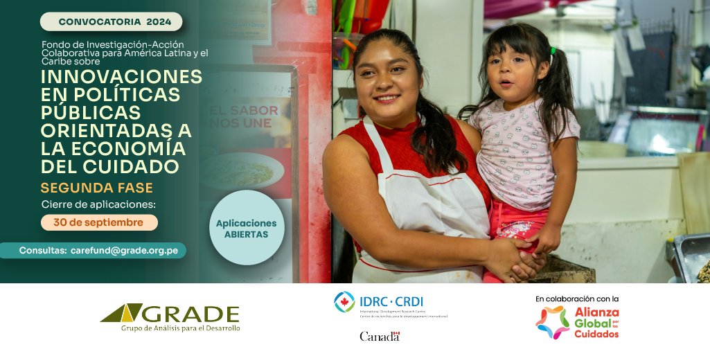¡Aplicaciones abiertas! Postula a nuestro Fondo de Investigación-Acción Colaborativa y contribuye con evidencia sobre innovaciones de políticas públicas para una organización social de los cuidados más justa. <a href="/IDRC_LAC/">IDRC en ALC</a> <a href="/GAllianceCare/">Global Alliance for Care</a>. Cierre: 30 septiembre bit.ly/FondoCuidados2…