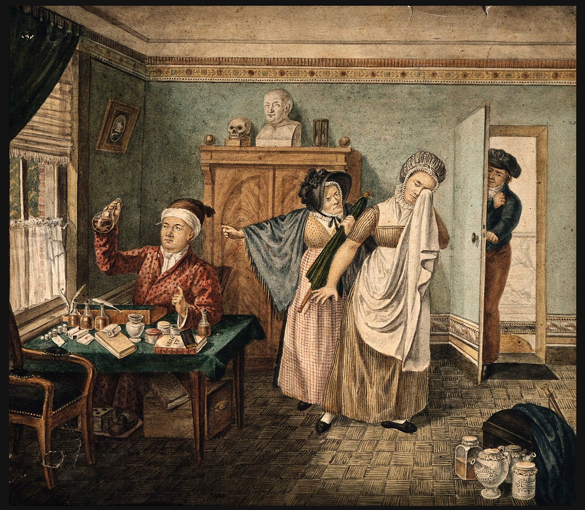 It’s 1826, and a Doctor examines a woman’s urine sample, in which the image of a baby indicates she’s pregnant. The woman’s Mother is furious (“I told you to be careful”) and the Father scarpers, before anyone notices. That’s my interpretation anyway, though others are possible.