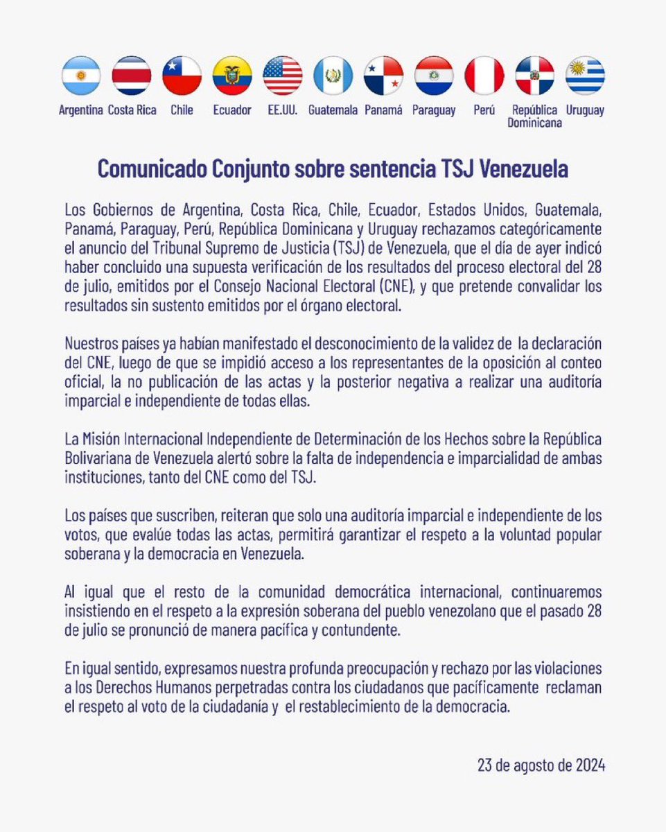 🇻🇪 | ÚLTIMA HORA 

En un comunicado conjunto, los Gobiernos de Argentina, Costa Rica, Chile, Ecuador, Estados Unidos, Guatemala, Panamá, Paraguay, Perú, República Dominicana y Uruguay han rechazado categóricamente la sentencia del Tribunal Supremo de Justicia (TSJ) de Venezuela,