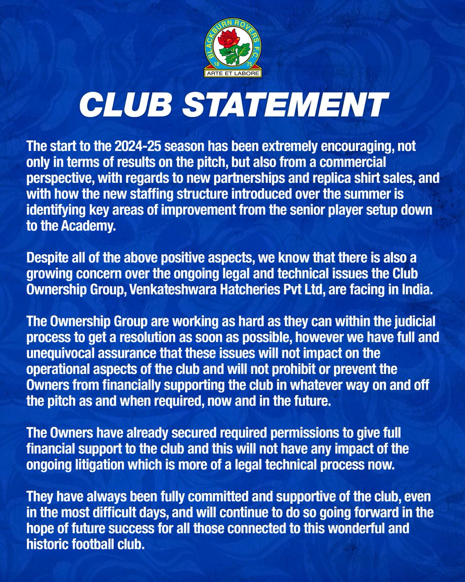 📰 𝗖𝗹𝘂𝗯 𝗦𝘁𝗮𝘁𝗲𝗺𝗲𝗻𝘁 - an update regarding the Owners' ongoing legal issues in India. 

#Rovers 🔵⚪️