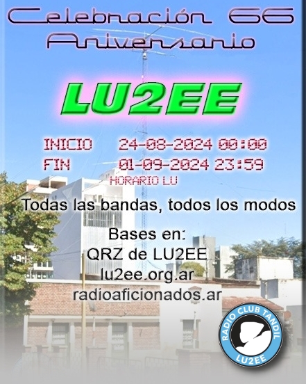 ¡Este próximo 29 de agosto cumplimos 66 años 🎂! y lo festejamos con la entrega de un certificado 📜

➡️ Bases en lu2ee.org.ar/?p=1144
y en radioaficionados.ar/rc-tandil

¡Esperamos su participación para celebrar juntos el 66º aniversario del Radio Club Tandil!

#AniversarioLU2EE