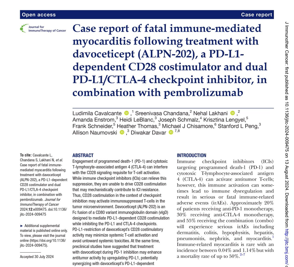 Here’s a closer look at “Case Report of Fatal Immune-mediated Myocarditis Following Treatment with Davoceticept (ALPN-202), a PD-L1-dependent CD28 Costimulator &amp; Dual PD-L1/CTLA-4 Checkpoint Inhibitor, in Combination w/Pembrolizumab” from <a href="/LudiCa19862/">Ludimila Cavalcante</a> at <a href="/UVACancerCenter/">UVA Comprehensive Cancer Center</a> and