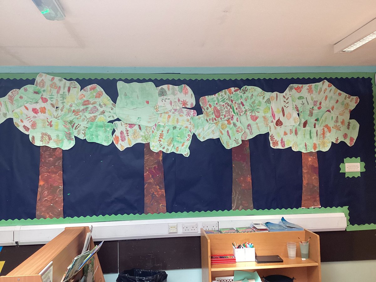 MrsJamiesonCPS's tweet photo. Primary 4 have been working on self portraits. We have started our woodland topic. This week we have made trees for our wall display using a variety of media. https://t.co/a0xGpmWT55