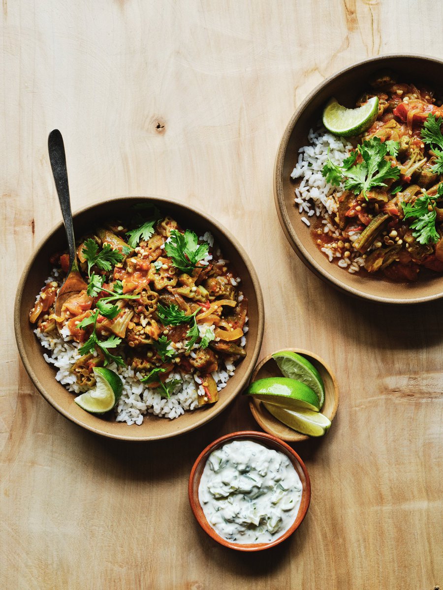 Okra is thought to be of African origin, brought to the US three centuries ago by enslaved people (the word okra is derived from the West African word nkruma). I love to use okra in my rendition of okra and tomato stew with garam masala, coriander, lime, and cucumber yogurt.