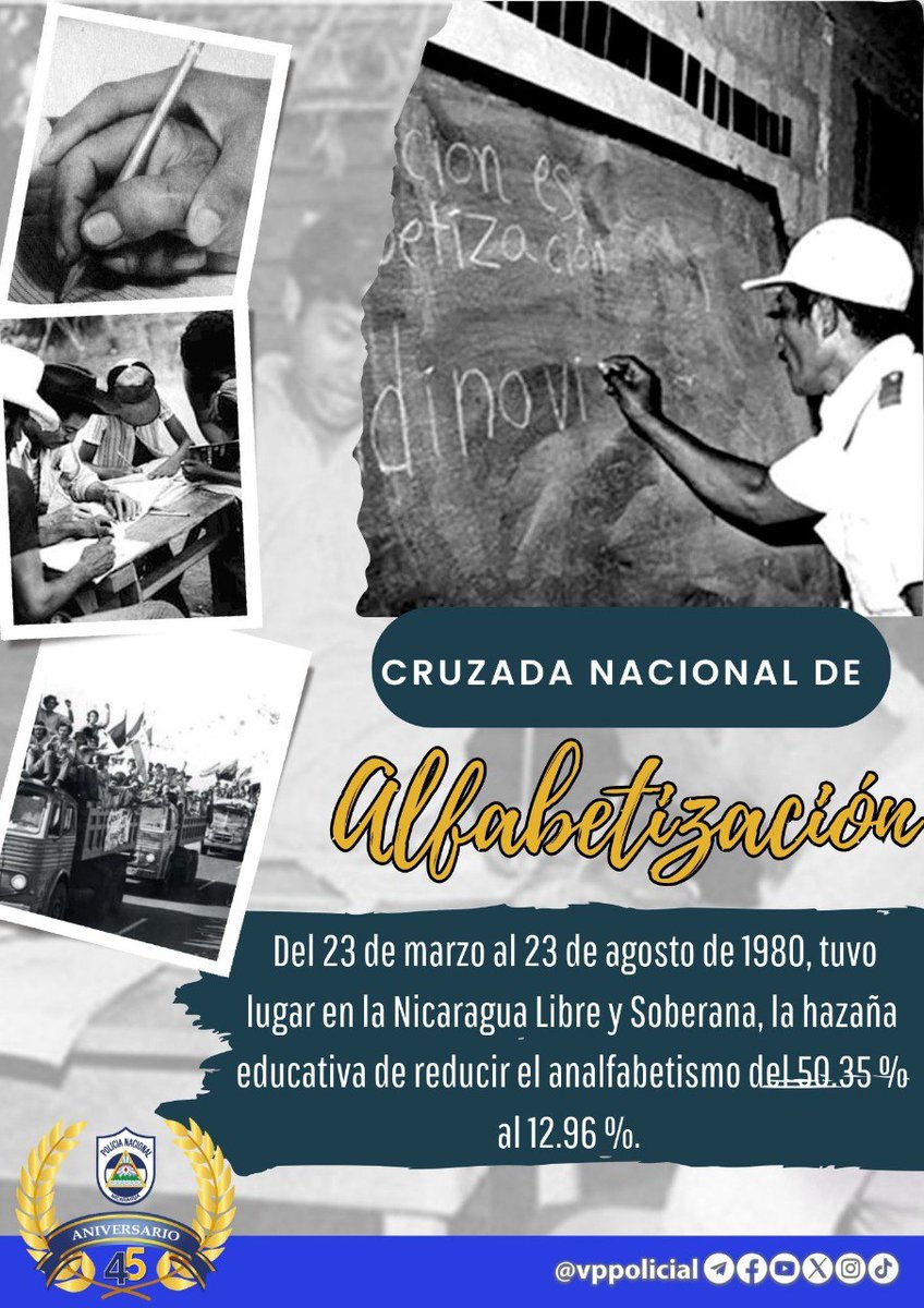 #Nicaragua 

4️⃣4️⃣ años donde miles de jóvenes compartieron sus conocimientos para que la población nicaragüense aprendiera leer y escribir. 

✊️ Puño en alto  📖 libro abierto

Gracias por convertir la oscurana en claridad 👩‍🏫👨‍🏫✍️

#45JuntoConLaComunidad