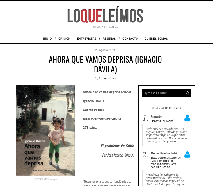 Lo que dije en <a href="/loqueleimos/">Lo que leímos</a> sobre «Ahora que vamos deprisa», de Ignacio Dávila. 👉🏻 tinyurl.com/5e37aww9