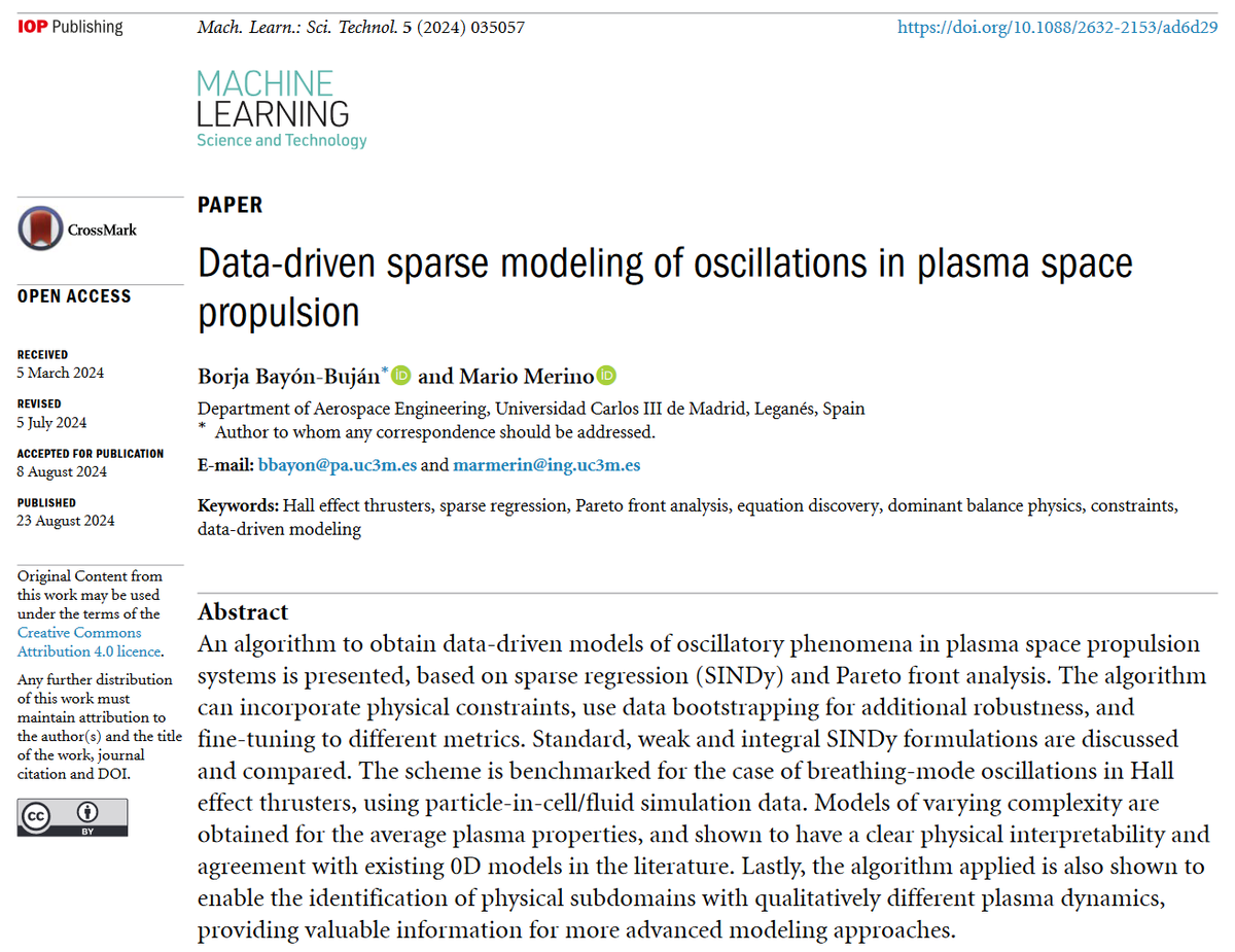 Machine Learning: Science and Technology (@mlstjournal) on Twitter photo Great new work by Borja Bayón-Buján and <a href="/mmerinomartinez/">Mario Merino</a> <a href="/uc3m_aero/">uc3m aeroespacial</a> <a href="/PhDAeroUC3M/">UC3M - PhD Program in Aerospace Engineering</a> <a href="/uc3m/">UC3M</a> <a href="/ERC_Zarathustra/">ERC project ZARATHUSTRA</a> -'#Datadriven sparse #modeling of oscillations in #plasma space #propulsion' - iopscience.iop.org/article/10.108… #machinelearning #plasmas #compphys #aerospace #engineering #AI #dynamics Great new work by Borja Bayón-Buján and <a href="/mmerinomartinez/">Mario Merino</a> <a href="/uc3m_aero/">uc3m aeroespacial</a> <a href="/PhDAeroUC3M/">UC3M - PhD Program in Aerospace Engineering</a> <a href="/uc3m/">UC3M</a> <a href="/ERC_Zarathustra/">ERC project ZARATHUSTRA</a> -'#Datadriven sparse #modeling of oscillations in #plasma space #propulsion' - iopscience.iop.org/article/10.108… #machinelearning #plasmas #compphys #aerospace #engineering #AI #dynamics