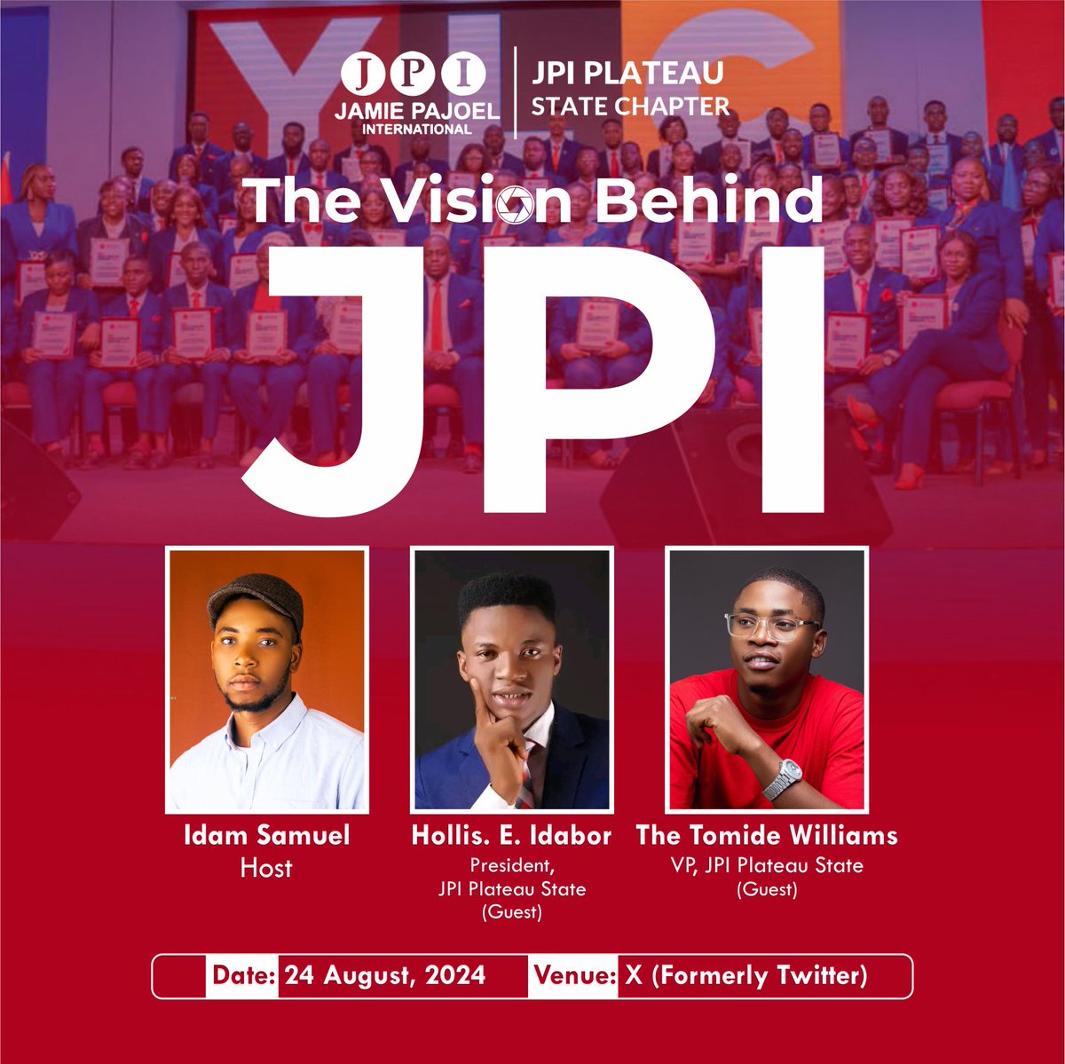 JPI_Plateau's tweet photo. Join us this Saturday at X Space as we talk about the vision of Jamie Pajoel International (JPI), Plateau State!

Discover how JPI is empowering young leaders, entrepreneurs, and change-makers to drive positive impact in our community.

#jpi #jpiplateau

 https://t.co/RwsS0uucy2 https://t.co/iDWZ1mghrM