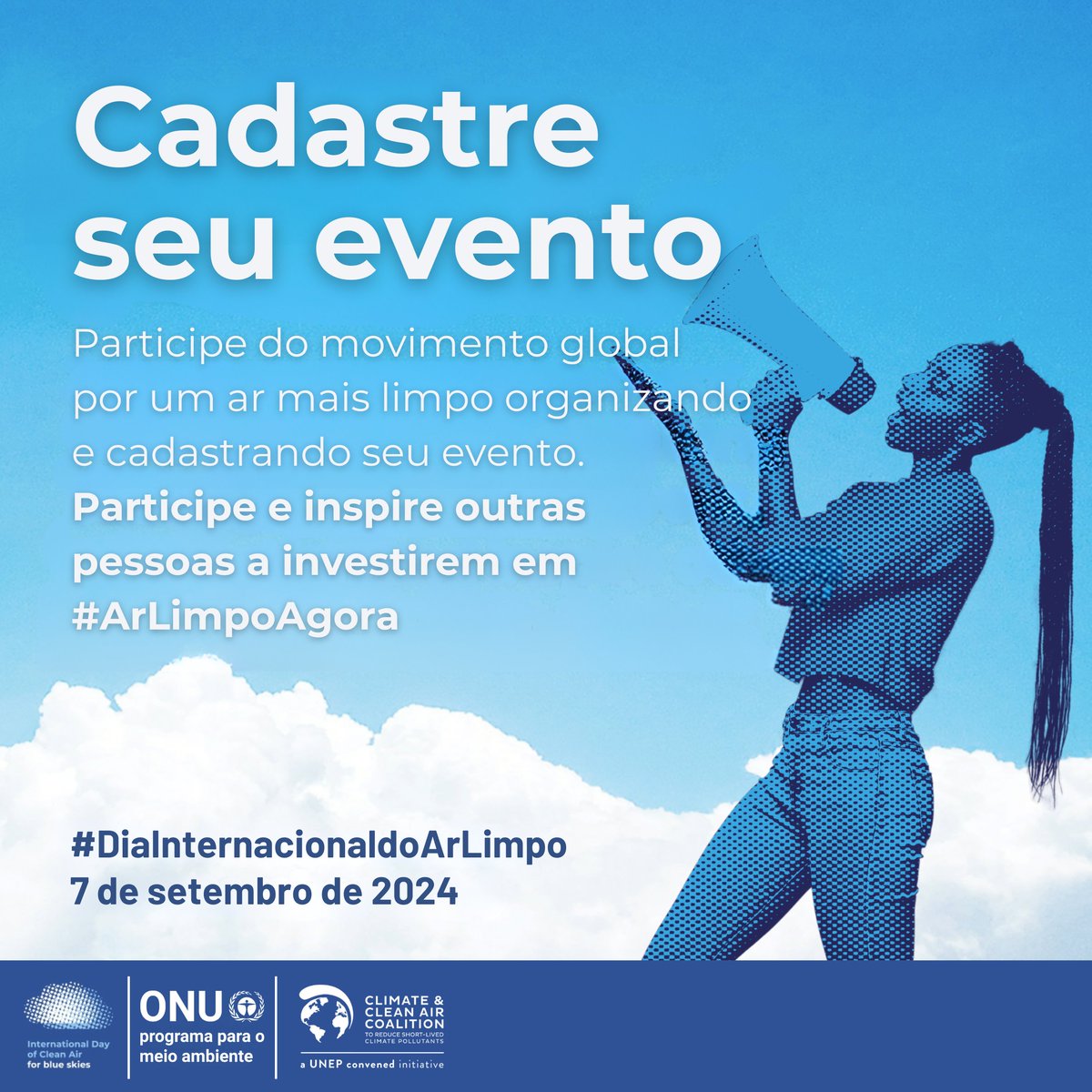 UNEP_pt's tweet photo. O Dia Internacional do Ar Limpo para o Céu Azul em 7 de setembro vai destacar a colaboração para reduzir a poluição do ar por meio de investimentos coletivos de tempo, recursos e esforços. Cadastre seu evento relativo ao #DiadoArLimpo! Acesse: https://t.co/GKApjf82A8 https://t.co/BRD2QHg7aQ