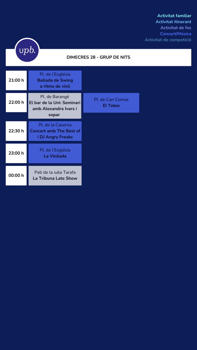 🎓 Ei, estudiants blaus/ves!
Avui, dimecres 28 d'agost, teniu programades aquestes classes i activitats: blaus.cat/calendari-lect…

💙 Que tingueu un bon dia lectiu blau! #blaus2024 #UPB #elcarrerlanostraclasse