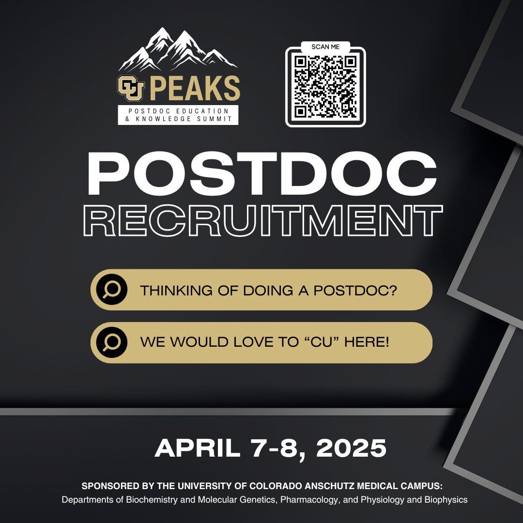 📅 Mark your calendars! Our postdoc recruitment event, CU PEAKS, is in the books for April 7-8th, 2025, and we would love to "CU" here! 
🧪 Present your Thesis work 
🧑‍🏫 Meet our Faculty
🏫 Campus Tours 
🤝 Networking Opportunities
💬Engage with the CU Anschutz Community