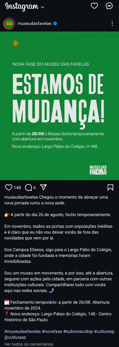 Jeniffer Mendonça (@mendoncjeniffer) on Twitter photo O gov <a href="/tarcisiogdf/">Tarcísio Gomes de Freitas</a> realmente não perde tempo. Um dia após o protesto contra a PPP dos Campos Elíseos, o perfil do Museu das Favelas anuncia mudança de endereço para o Pateo do Colegio e fechamento do Palácio. Detalhe que a exposição dos Funkeiros Cults era prevista até setembro. O gov <a href="/tarcisiogdf/">Tarcísio Gomes de Freitas</a> realmente não perde tempo. Um dia após o protesto contra a PPP dos Campos Elíseos, o perfil do Museu das Favelas anuncia mudança de endereço para o Pateo do Colegio e fechamento do Palácio. Detalhe que a exposição dos Funkeiros Cults era prevista até setembro.