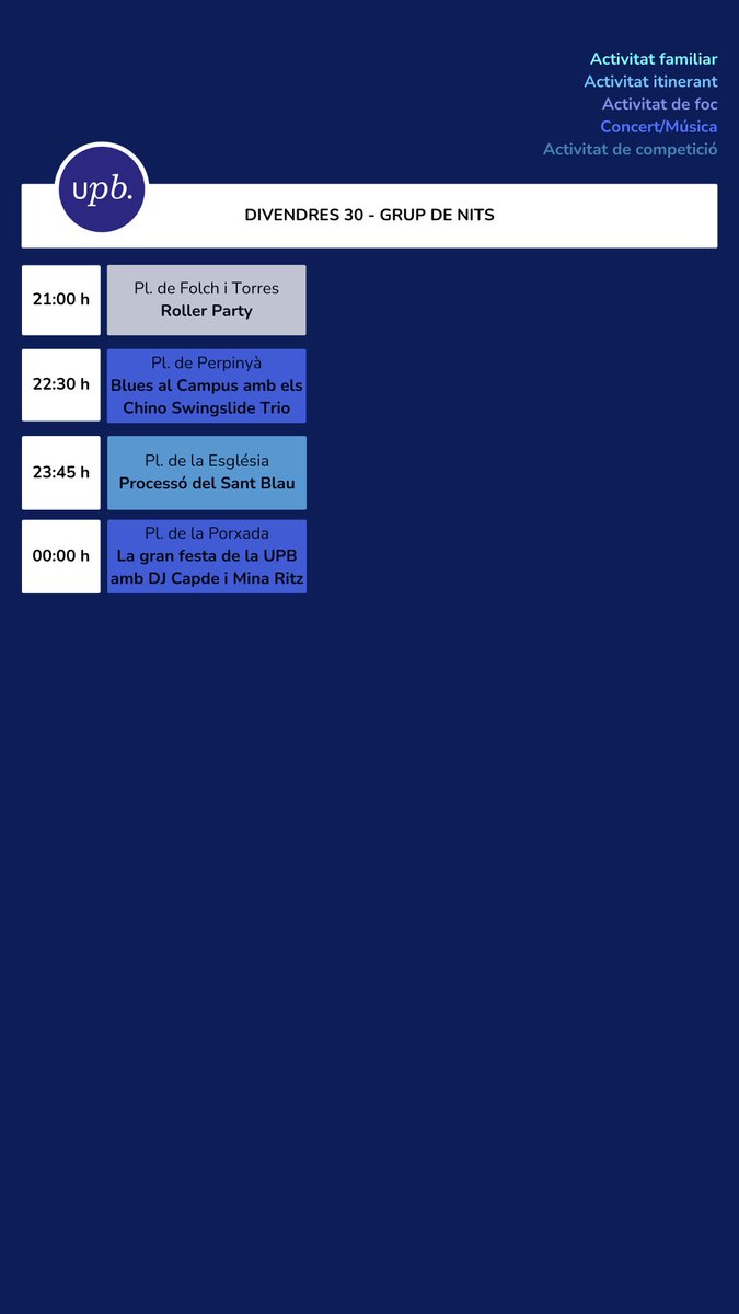 🎓 Ei, estudiants blaus/ves!
Avui, divendres 30 d'agost, teniu programades aquestes classes i activitats: blaus.cat/calendari-lect…

💙 Que tingueu un bon dia lectiu blau! #blaus2024 #UPB #elcarrerlanostraclasse