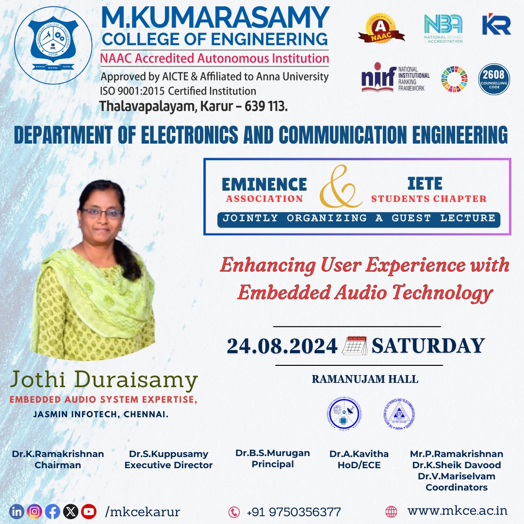 mkcekarur's tweet image. Join us for an insightful guest lecture on "Enhancing User Experience with Embedded Audio Technology." Discover the latest innovations in audio technology and how they can revolutionize user experiences.
#UserExperience #EmbeddedAudio #AudioTechnology #Innovation #TechTalks