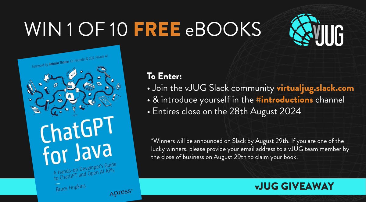virtualJUG's tweet image. 🏆 Win 1 of 10 FREE ChatGPT for Java eBooks 📚

Bruce Hopkins &amp;amp; the team at @Apress has given us 10 eBooks to give away.

To enter
- Join the vJUG Slack community bit.ly/3LNZPVS
- And introduce yourself in the #introductions channel

#vJUG #Java #ChatGPT