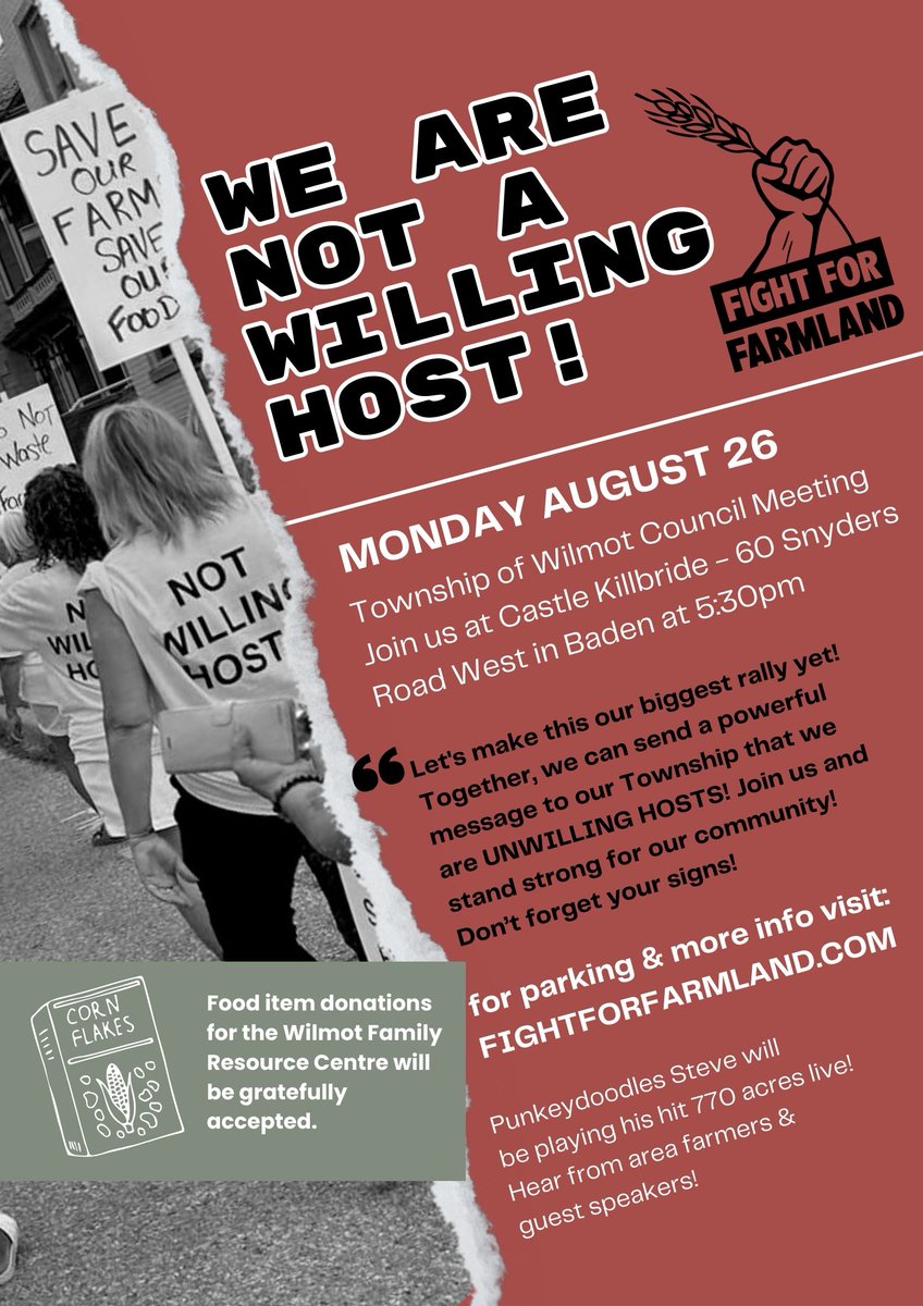 We are not a willing host!
This Monday, August 26th at 5:30 come join farmers and supporters show you care about #Farmland and #LocalFood