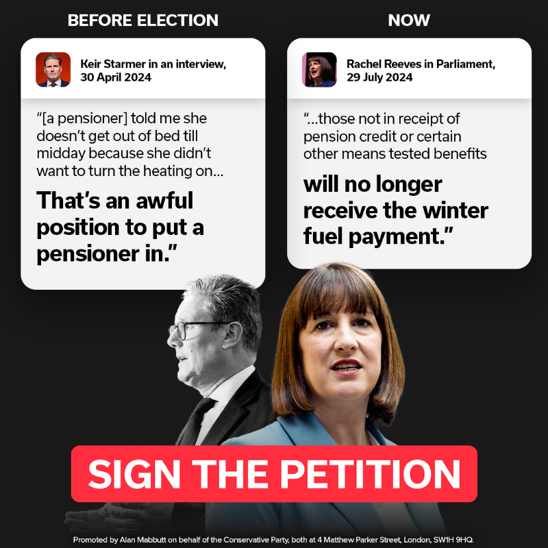 Conservatives's tweet photo. Are you unhappy about the Labour government taking away winter fuel payments from pensioners?

Sign our petition to make your voice heard 👇