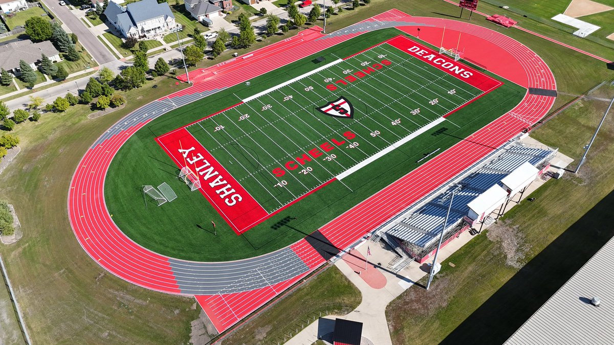 BeynonSports's tweet image. Shanley High School’s Sid Cichy Stadium in Fargo just got a major upgrade! 🏟️ Our @BeynonSports BSS 1000 system, in striking bright red with dark grey exchange zones, is Shanley HS&apos;s first-ever track. Over 6,600 square yards of excellence—we know the Deacons will make every…