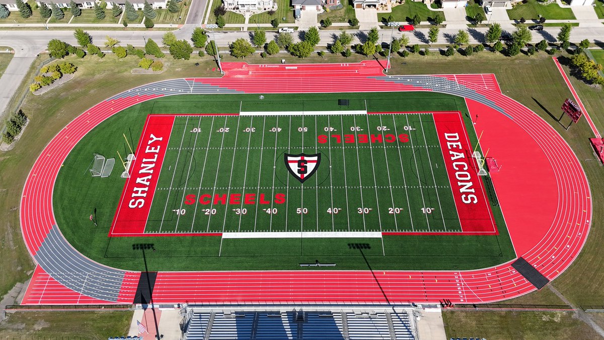 BeynonSports's tweet image. Shanley High School’s Sid Cichy Stadium in Fargo just got a major upgrade! 🏟️ Our @BeynonSports BSS 1000 system, in striking bright red with dark grey exchange zones, is Shanley HS&apos;s first-ever track. Over 6,600 square yards of excellence—we know the Deacons will make every…