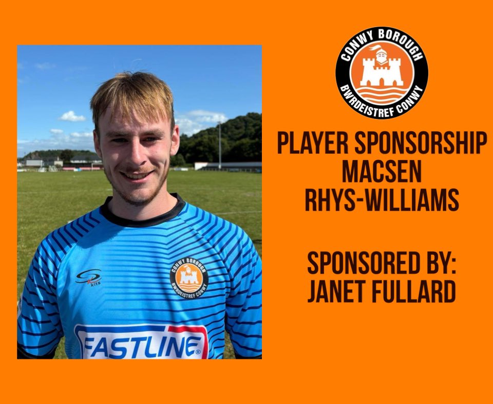 ConwyBoroughFC's tweet photo. Player Sponsorship ➡️

Macsen Rhys-Williams has been very kindly sponsored by Janet Fullard. 

Thank you for your support 🍊 https://t.co/svZKPpF3nT