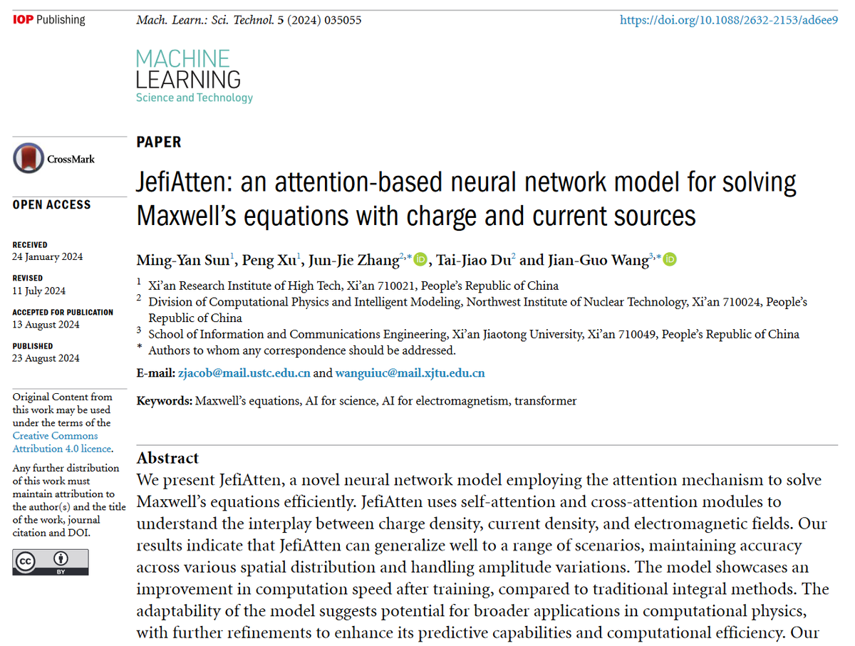 MLSTjournal's tweet photo. Great new work by Jian-Guo Wang et al @XJTU1896 - 'JefiAtten: an attention-based #neuralnetwork model for solving #Maxwell's #equations with charge and current sources' - https://t.co/lxuh31N20j #machinelearning #plasmas #compphys #PINNs #complexdynamics #simulation #AI https://t.co/kL68DxiWGY