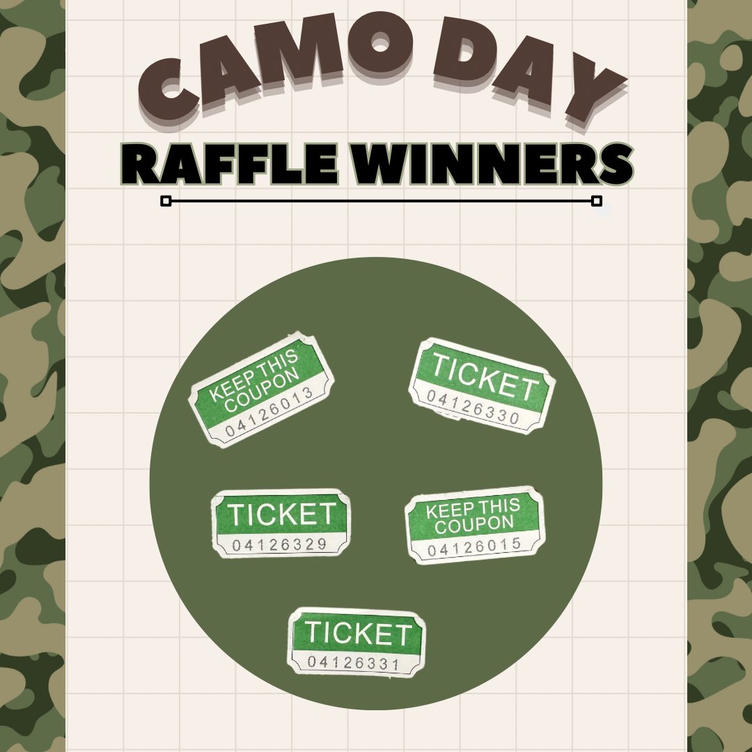 CAMO DAY!

⭐️Congrats to our CAMO DAY WINNERS⭐️

Bring your ticket to 135 to get a prize