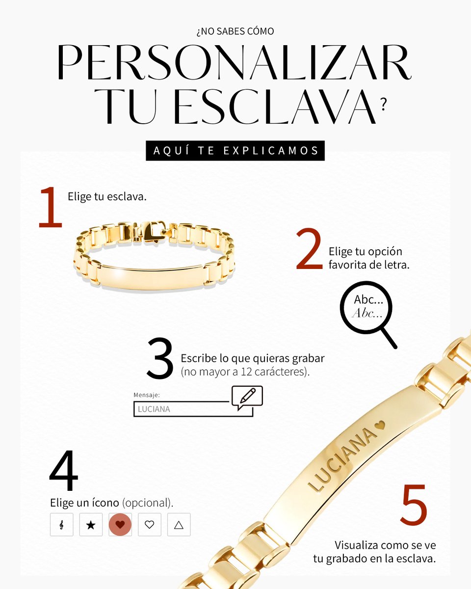 🤩 ¡Personalizar tus joyas ahora es mucho más fácil! Te dejamos los principales pasos para que puedas tener esa frase o nombre en tu joya. ✨