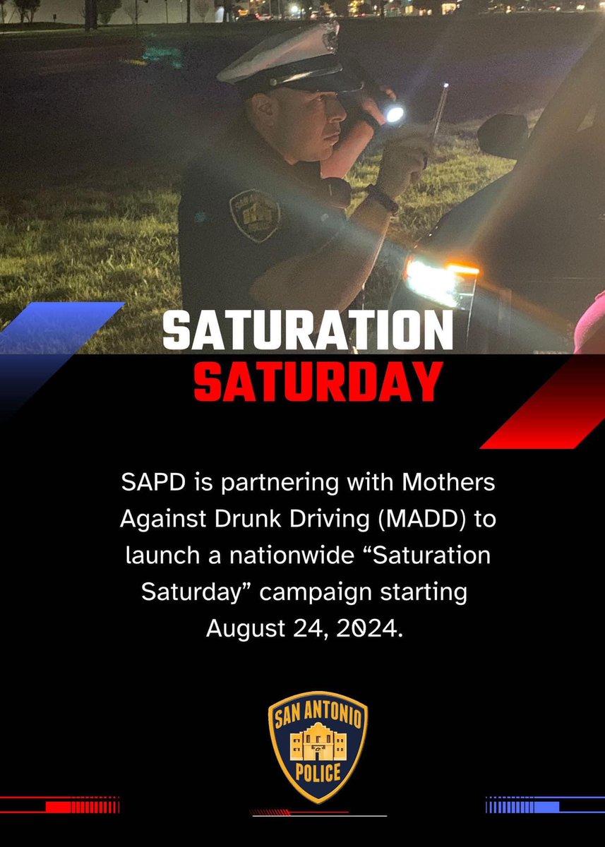 Think Ahead, Plan a Sober Ride. 🚕
SAPD, in partnership with MADD, will be increasing DWI enforcement this Saturday in effort to lower drunk driving crashes and fatalities during one of the busiest travel weeks of the year. 🚔

Learn More: madd.org/law-enforcemen…