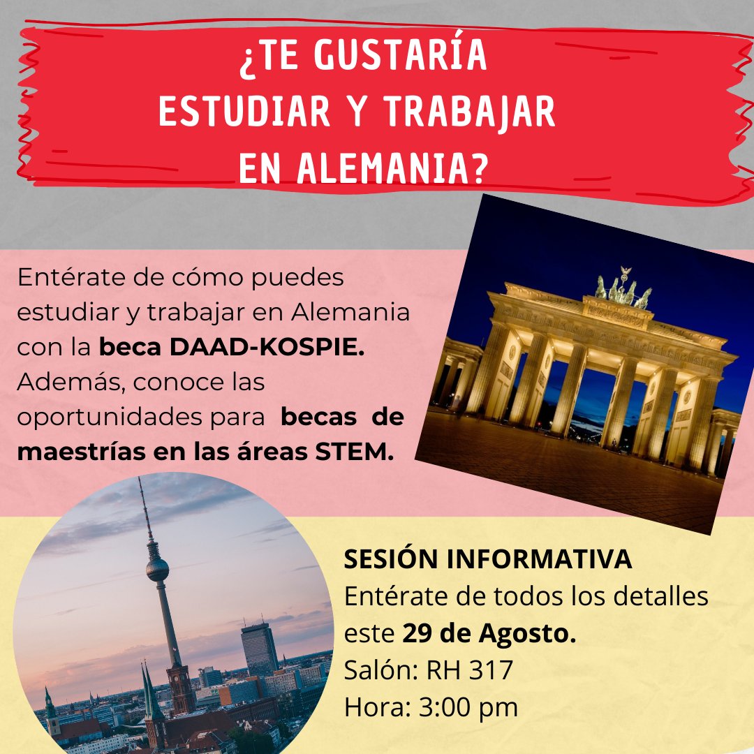 ITAM_mx's tweet photo. #ITAMExchange | ¿Quieres estudiar y trabajar en Alemania?
Ven a nuestra sesión informativa par que descubras como obtener la beca DAAD KOSPIE
📅jueves 29
🕒15h
📍Salón 317 https://t.co/tcD40uKr0d