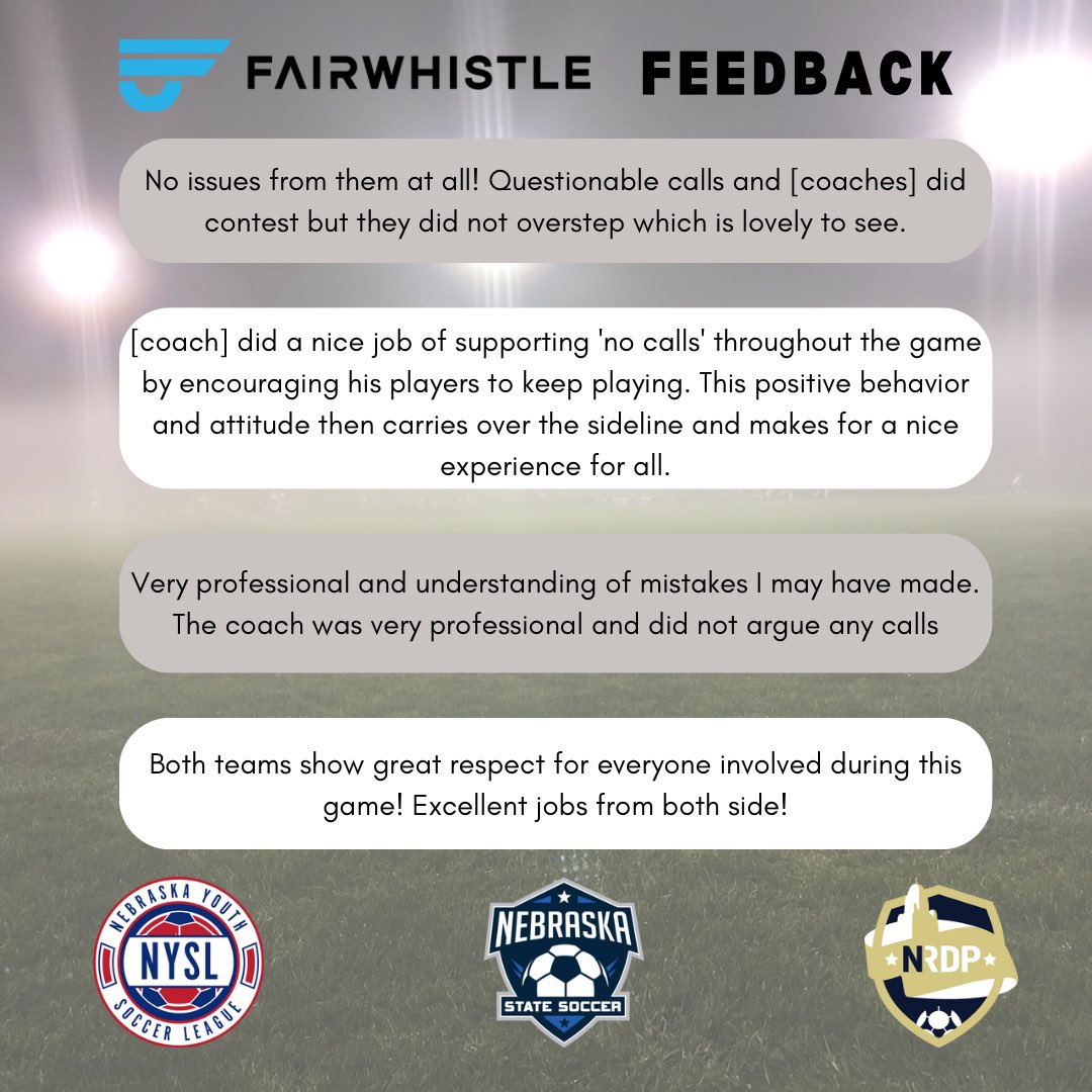 This FairWhistle data collection will help our league &amp; referees in so many ways but it only works if we get the data from you! 

positive feedback we’ve gotten plus: 
⚽️field conditions
⚽️administrative issues we can fix right away
⚽️ match incidents resolving with <a href="/nrdp_soccer/">Nebraska Referee Development Program</a>