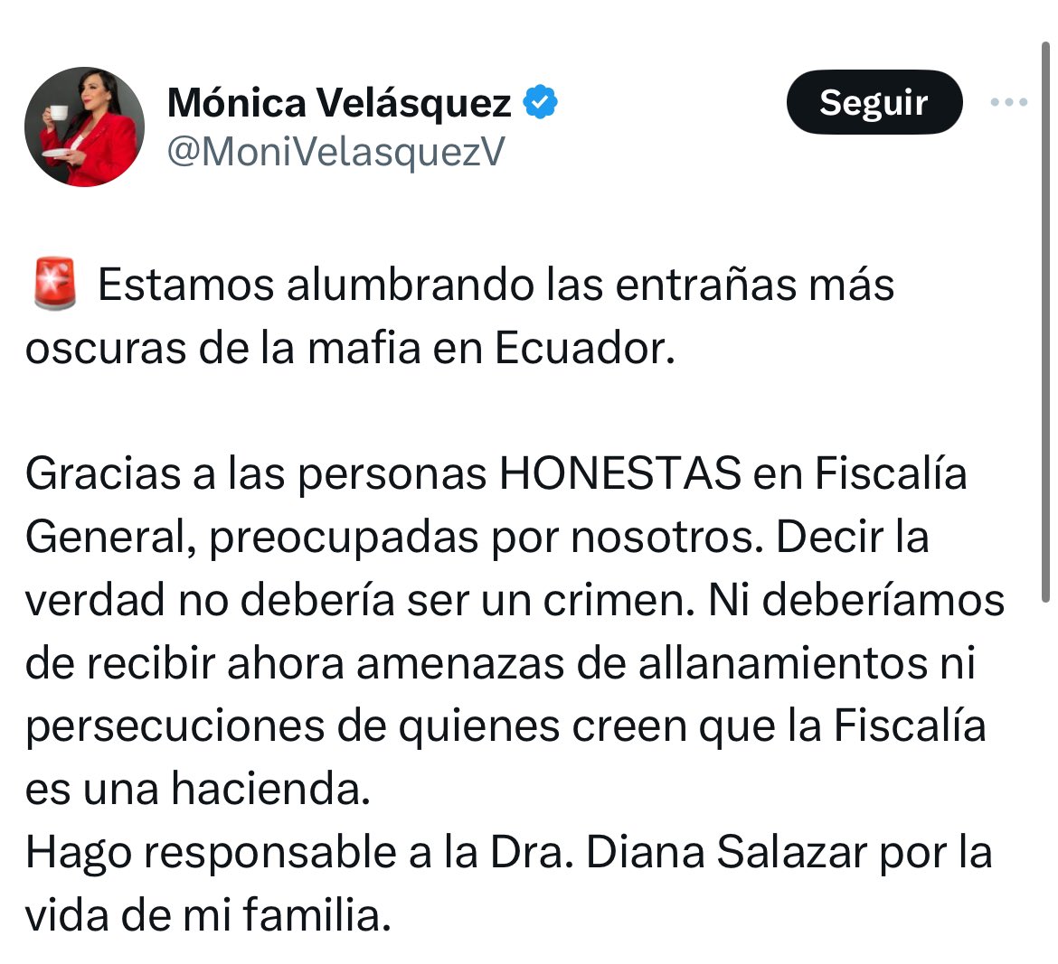 realidades593's tweet photo. #URGENTE 🚨 

La periodista @MoniVelasquezV , responsabiliza a la Fiscal General Diana Salazar, por su vida y la de su familia. 

Velázquez estaría recibiendo amenazas por sus investigaciones periodísticas.

#Urgente #Ultimahora #Laposta #AnderssonBoscan https://t.co/8gLd7zlGrJ