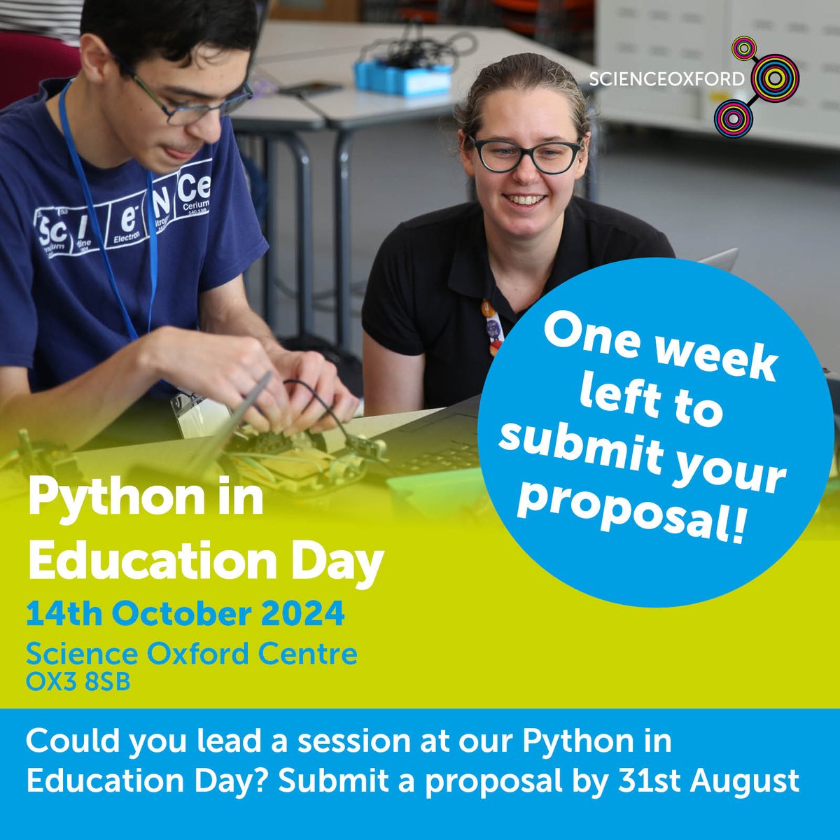 scienceoxford's tweet image. One week left to submit a proposal to lead a session at #PythonInEducation Day! Teachers, club leaders, volunteers we'd love to hear your ideas & insight of classes, clubs & activities you run with young people. ow.ly/Xeyo50T4IZM #coding #microbit #STEM @microbit_edu