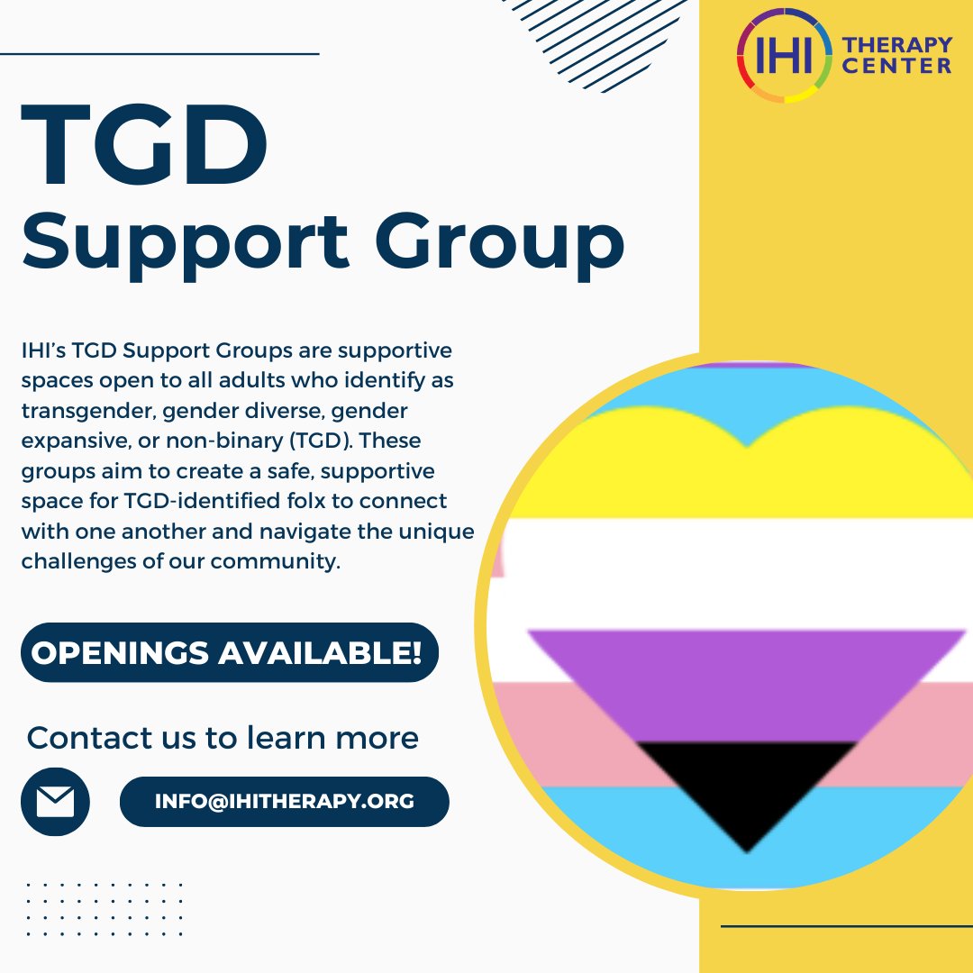 IHI Therapy Center | Institute for Human Identity (@ihitherapy) on Twitter photo IHI's WEDNESDAY TGD Support group is OPEN TO NEW MEMBERS! Learn more and schedule a screening interview by emailing info@ihitherapy.org
#QueerMentalHealth #TransLivesMatter #TGNCMentalHealth #Non-binary #GenderNonConforming #LGBTQ+MentalHealth #LGBTQ+ IHI's WEDNESDAY TGD Support group is OPEN TO NEW MEMBERS! Learn more and schedule a screening interview by emailing info@ihitherapy.org
#QueerMentalHealth #TransLivesMatter #TGNCMentalHealth #Non-binary #GenderNonConforming #LGBTQ+MentalHealth #LGBTQ+