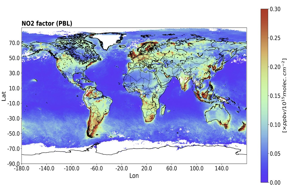 AmirHSouri1's tweet photo. Conversion factors from NASA's model to transform satellite trop NO2 VCD into conc within the PBL. High values are seen over polluted regions (especially coastal ones where the combined shallow PBL + large surface pollution coexist). We're validating this using aircraft spirals. https://t.co/de5N1vijXh