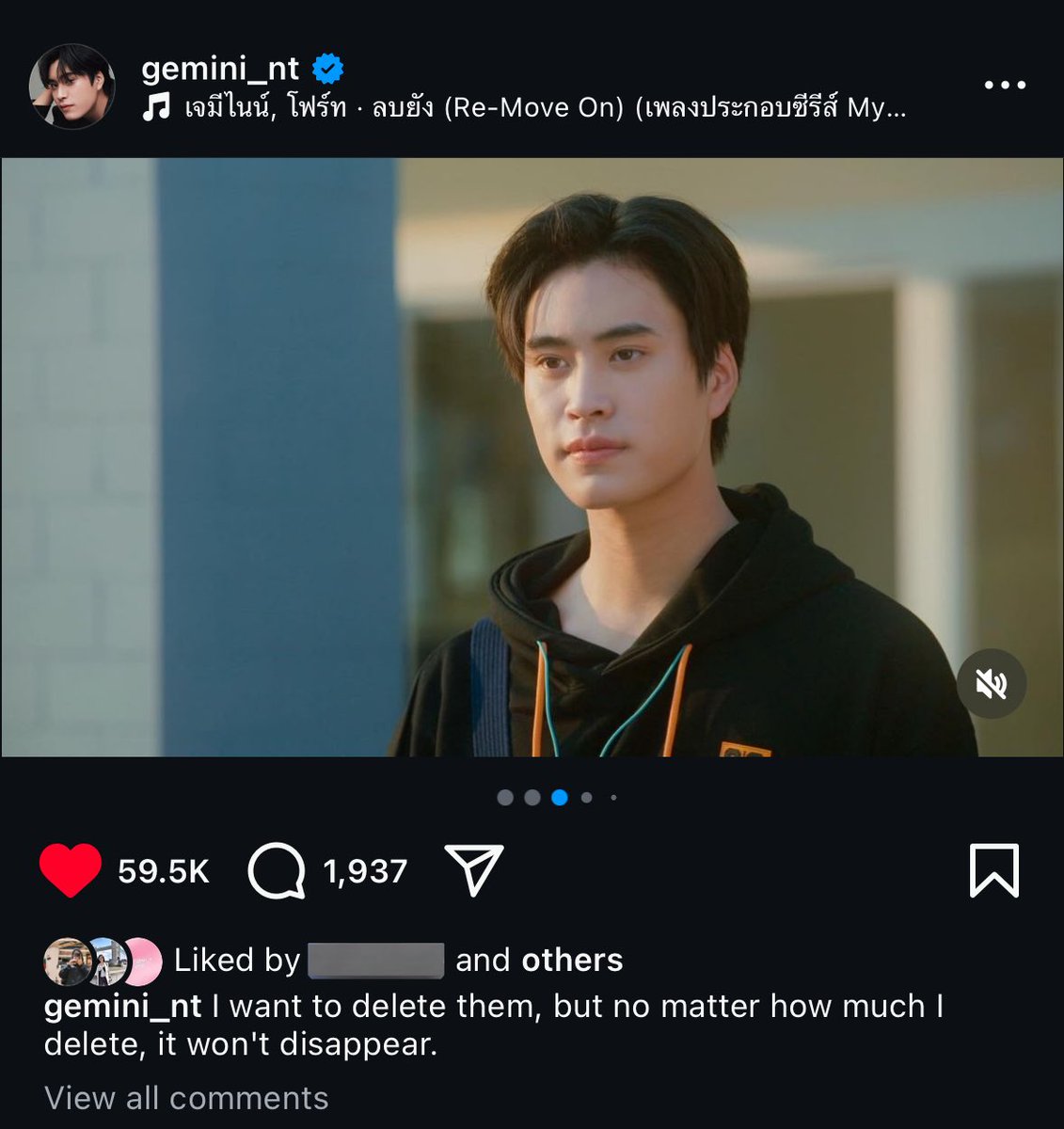 the lyrics of re-move on as his caption :(

my gemini, thank you so much for being the most perfect kongthap. he's a character so dear to me, so dear to many of us and we'll always keep him in our hearts. thank you for everything 🤍 <a href="/gemini_ti/">gemini_nt</a> 

#MyLoveMixUpTHFinalEP