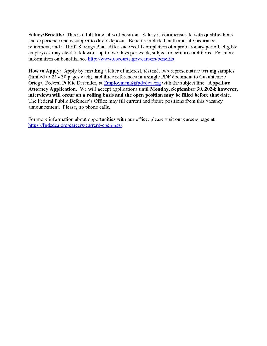 The Central District of California Federal Public Defender's Office is hiring an appellate attorney! One of the best FPD appellate units in the country! Be in Los Angeles in time for the 2028 Olympics!

fd.org/sites/default/…

#AppellateTwitter #AppellateJobs #PublicDefenderJobs