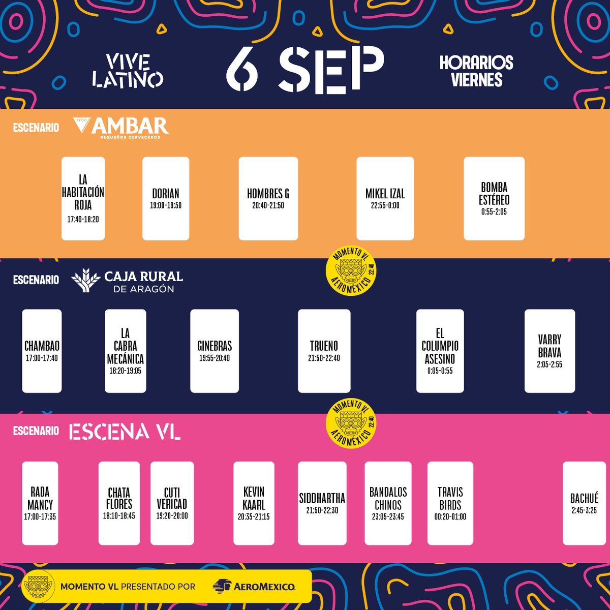 vivelatino_es's tweet photo. ¡Horarios de la 3ª edición de
#ViveLatinoEspaña! 🔥Toma nota y haz tu itinerario para no perderte nada 🤟
🔊 Escenario @cervezasambar
🔊 Escenario @cajaruraldearagon
🔊 Escenario Escena VL
Abonos & entradas en https://t.co/GO9zpAPcdJ 🎫 #VLE24 https://t.co/LvVDTHXCW1