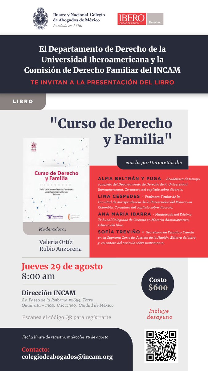 El Departamento de Derecho de <a href="/IBERO_mx/">IBERO CDMX</a> y el INCAM te invitan a la presentación del libro "Curso de Derecho y Familia"
🗓️jueves 29 agosto
📍Torre Quadrata
⏰8:30am
🔗forms.gle/7wMNVTSLB3nLix…